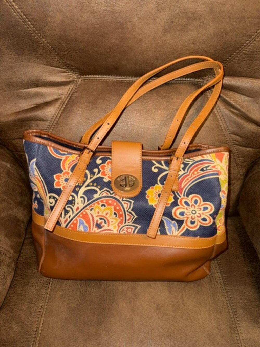 Spartina 449 Elfrida Turn-Key Tote Daufuskie Island Paisley Linen Leather Bag